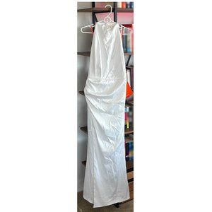 Milla white mock neck sleeveless low slit dress